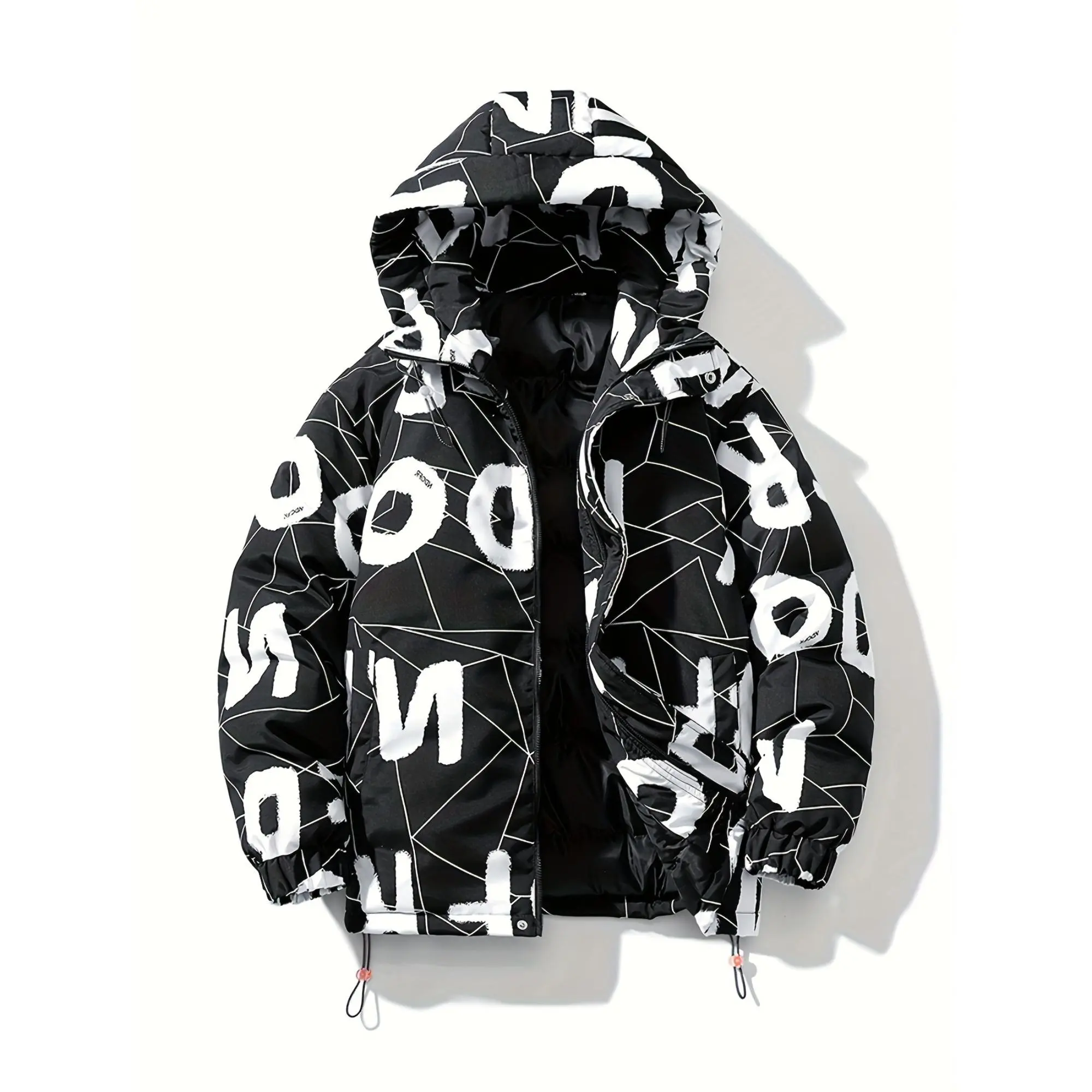 Men's Casual Hooded Puffer Jacket - Cotton-Filled Water-Resistant Polyester Outerwear, Long Sleeve Zipper Front Loose Cut Tops for Winter Menswear