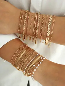 Fashion Simple Women's Bracelet Set, Geometric Fishbone Chain Bracelets, Elegance Hand Jewelry, 22 Piece Set, Stylish Accessory, Stackable Bracelet