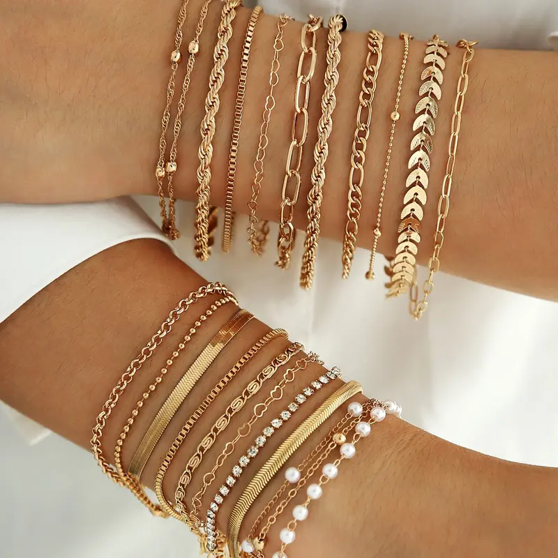 Women's 22-Piece Stackable Bracelet Set, Geometric Fishbone Chain Bracelets, Minimalist Elegant Hand Jewelry, Stacked Bracelets