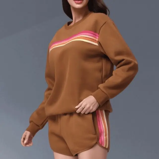 Rainbow Distressed Striped Set | Washed Effect Brushed Texture | Dark Tone Striped Set | Vertical Lines High-Waist Shorts cozy womenswear casual 2-piece sweatsuit sweat lounge comfortable fashion daily comfort pocket clothes stylish overall strip accent
