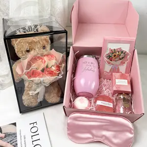 Artificial Rose & Bear Gift Box, 1 Set Fake Rose Bear Bouquet & Gift Box Set, Unique Spa Gift Set for Birthday, Anniversary, Wedding, Gift Box Design