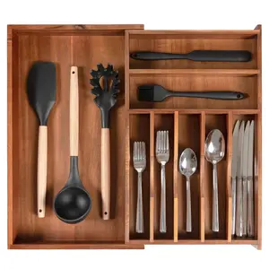 Premium Silverware, Flatware and Utensil Organizer for Kitchen Drawers, Food-Safe Contract Grade, Expandable from 10.5 to 19 In, Natural Acacia Boxes Friend