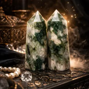 Noir Vault Twin Realm Guardians Moss Agate Collector Pair Natural Symmetry Depth Presence Dendritic Inclusions Luxury Packaging