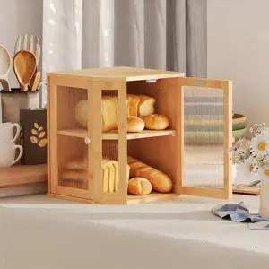 HOOBRO 2-Tier Bamboo Bread Box Kitchen Countertop Corner, Large Capacity Storage Container with Dual Rippled Acrylic Doors for Fresh Bread & Food Utensils