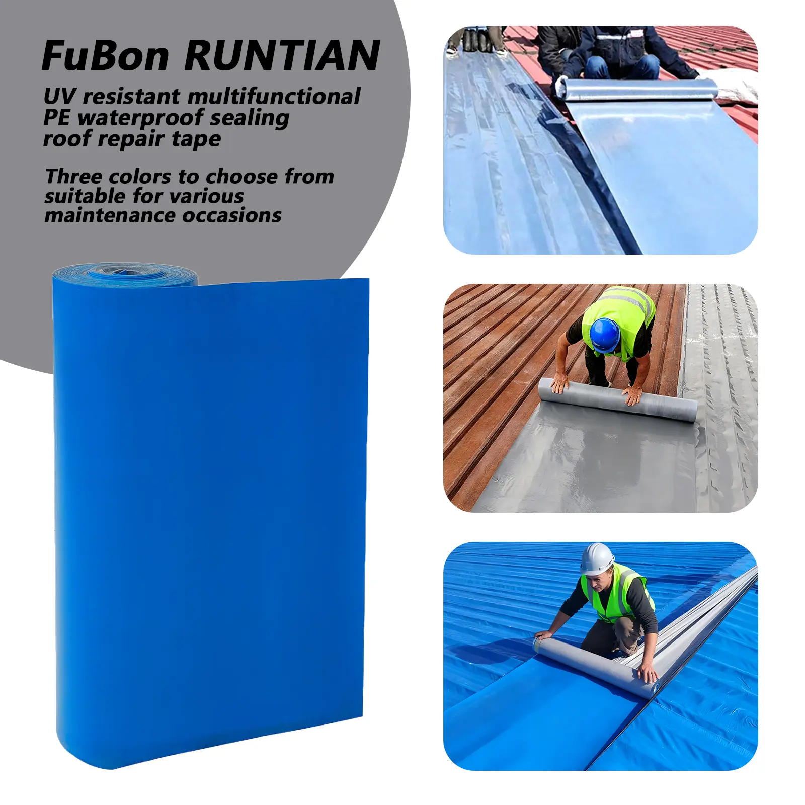 FuBon RUNTIAN Durable Duct Tape, 19.6x11yd Single Roll, High-Strength Polyethylene, Fast-Drying No-Glue Tool-Free Application, -76°F to 230°F All-Seasons Resistant, Effective Waterproof Seal for Roof & Pipe Emergency Repairs (for DIY Enthusiasts), Roofing