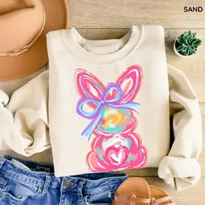 Brushstroke Bunny Easter Sweatshirt, Coquette Bow Bunny Sweatshirt, Pink Bunny Retro Easter Gift for Women - EVA RAMOS