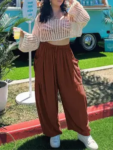 Summer New Women's High Waist Wide Leg Pants, Elastic Waist Drawstring Pleated Casual Comfortable Print Long Pants, Loose Fit Short Pants for Women