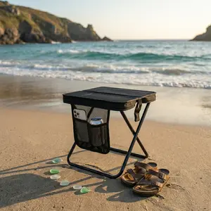 Portable folding camping stool with storage,  Lightweight camping chair, Beach side table, Lightweight aluminum frame, Portable beach cooler table,Beach camping stool, Beach lovers, Campers & Hikers, Fishing enthusiasts.#PortableChair graduation gift