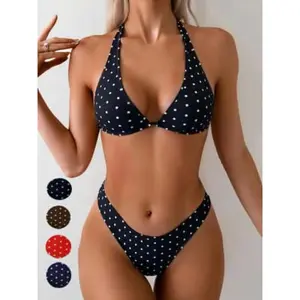 Women's Polka Dot Bikini Set, Strapless Triangle Top and High Waist Tie Bottoms, Swimsuit Style Bikini, Sexy Beachwear, All Seasons, Fitted Style
