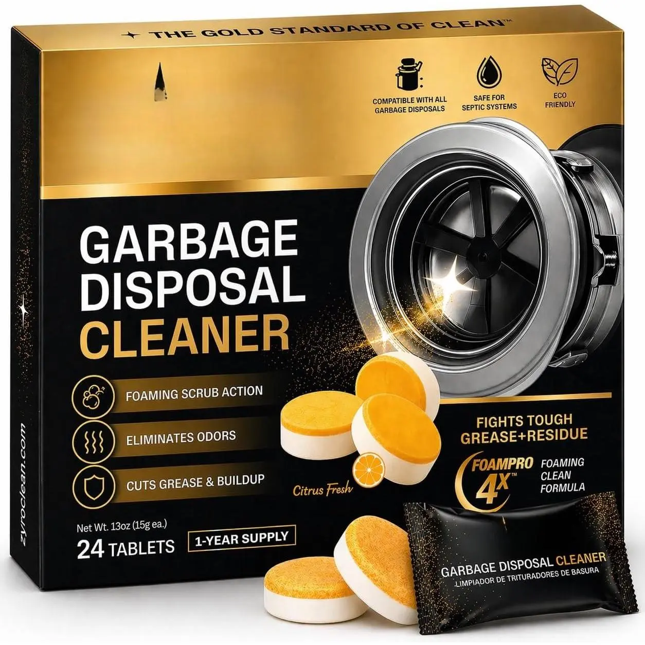 Garbage Disposal Cleaner and Deodorizer | 24 Pack | Kitchen Sink Cleaner Tablets |  Odor | Fights  & Buildup | Foaming Scrub Action | Citrus  | 1 Year  |