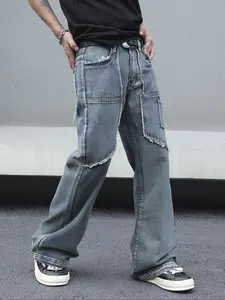 Men's Patchwork Distressed Ripped Wide Leg Jeans with Pocket, Streetwear Street Style Vintage Washed Long Pants, Casual Commuter, Daily Wear Versatile Denim Trousers