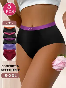 QUASTI 5 PCS High Waisted Breathable Sexy Underwear for Women, Letter Waist Contrasting Cotton Crotch Comfortable Panties, Full Coverage Ultra Comfort No Show Seamless Mix Colors Briefs, Hip Lifting Basic Fit Panty, Daily Essential, S-XXL