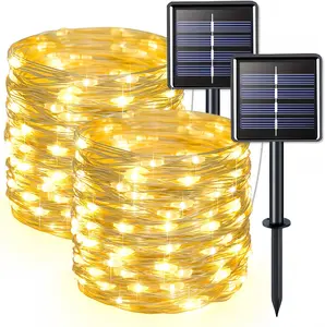 Set of 2 solar string lights, 72 feet long, with 200 LED bulbs—waterproof for outdoor use, featuring 8 lighting modes, perfect for gardens, patios, decks, fences, trees, and party decorations