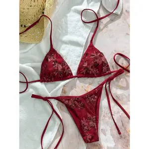 SwimRush Burgundy Sequin Textured Halter Bikini Set with Side Tie Bottoms Sexy Swimwear