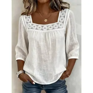 2026 New Summer Solid Color Casual Square Neck Lace Patchwork Three-Quarter Sleeve Top for Women