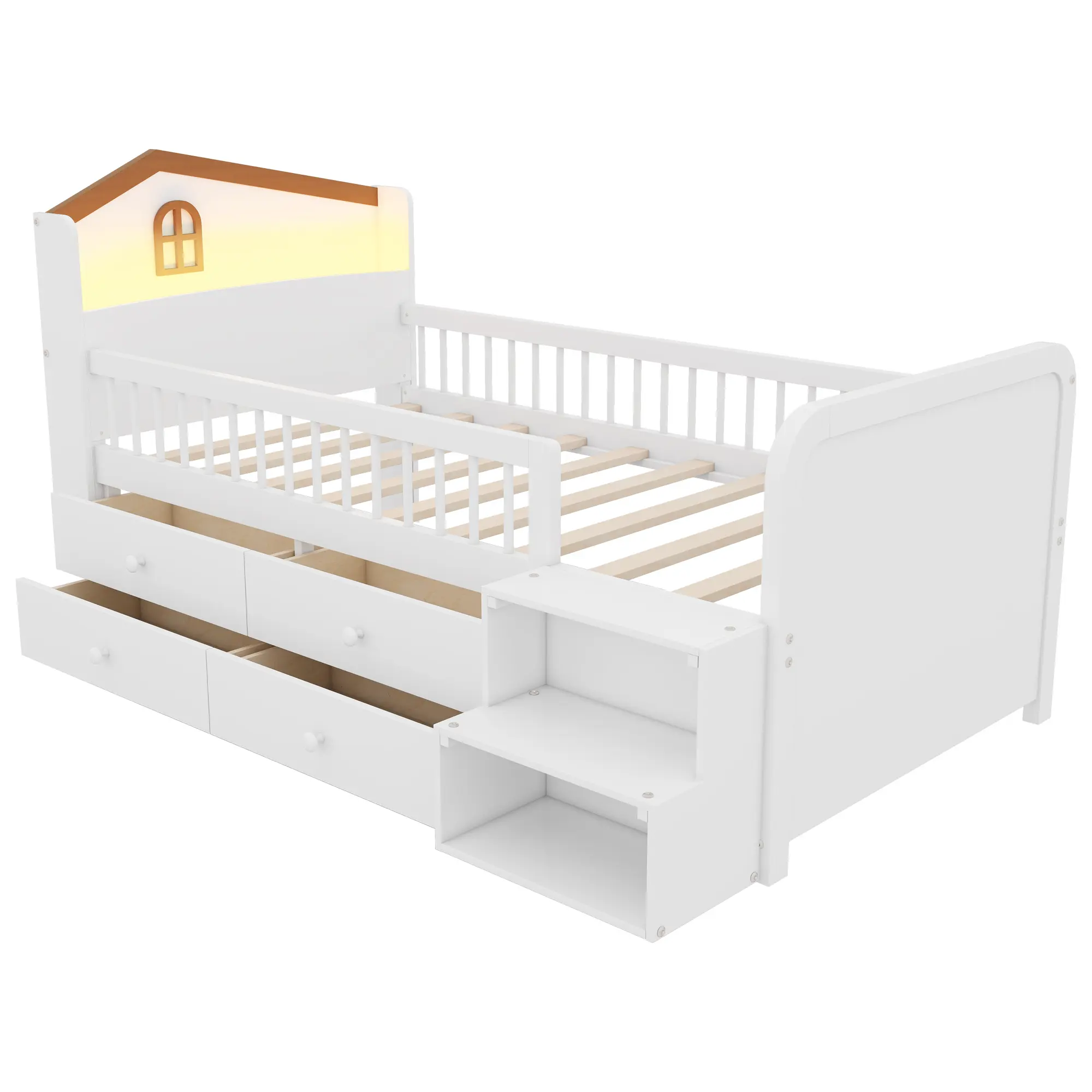 Donext Twin Low Loft Bed - Wooden Construction, House-Shape Headboard, LED Lights, Storage Drawers, Unisex Safe Stylish White Infant & Toddler Bed