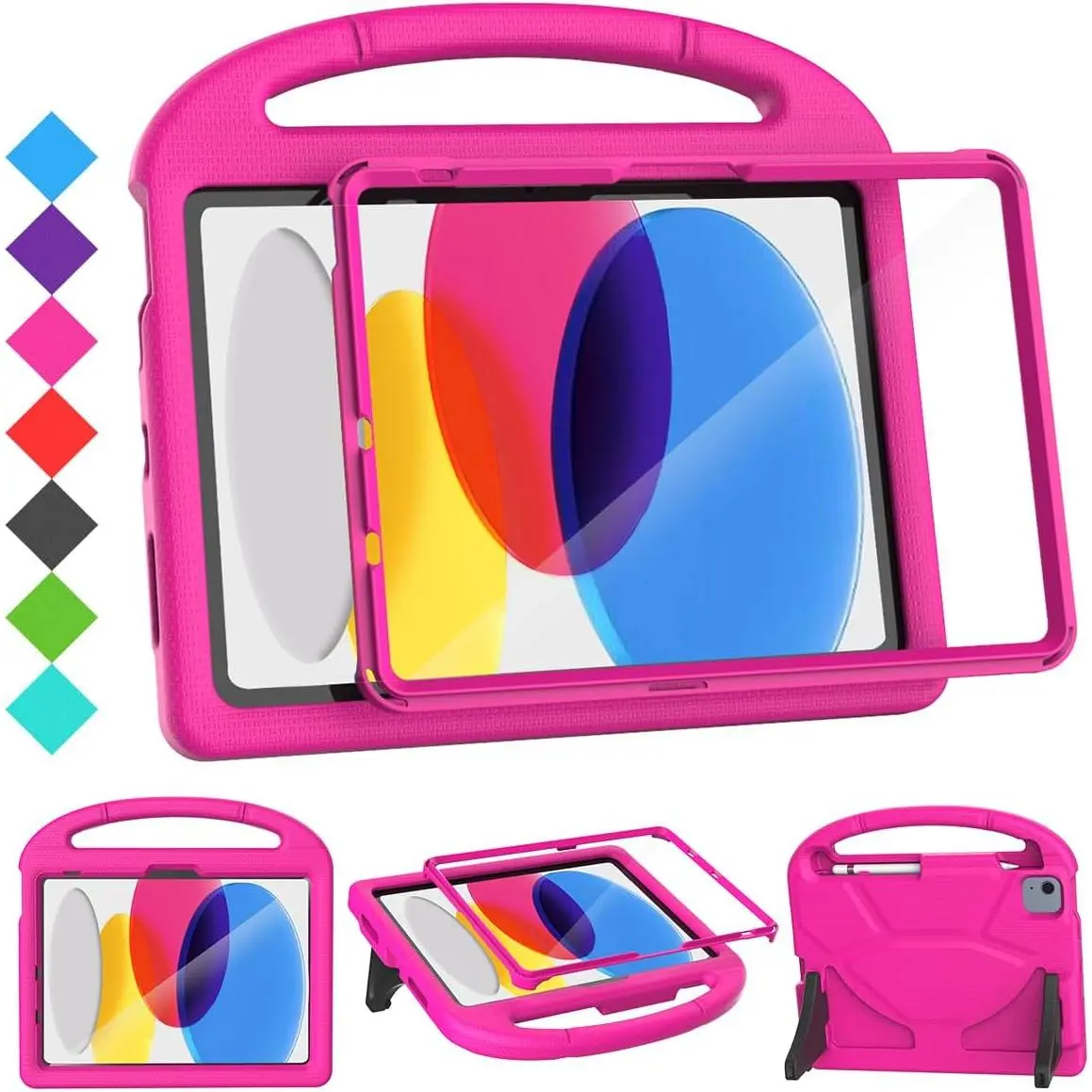 F-PCS09 Protective Tablet Case for 11in 2025 (11th Gen) iPad A16/A2757 & 10.9in 2022 (10th Gen) iPad A3355, Durable Shockproof Foldable Kickstand Cover with Screen Protector, Pencil Holder, Handle, Pink Accessory