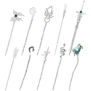 10 Pack  Metal Hair Sticks Chopsticks Hair Pins Chinese  Hanfu Decorative Long Retro Hair Clips Snakes Swords Butterfly Jade Stone  Hair Accessories for Women Girls