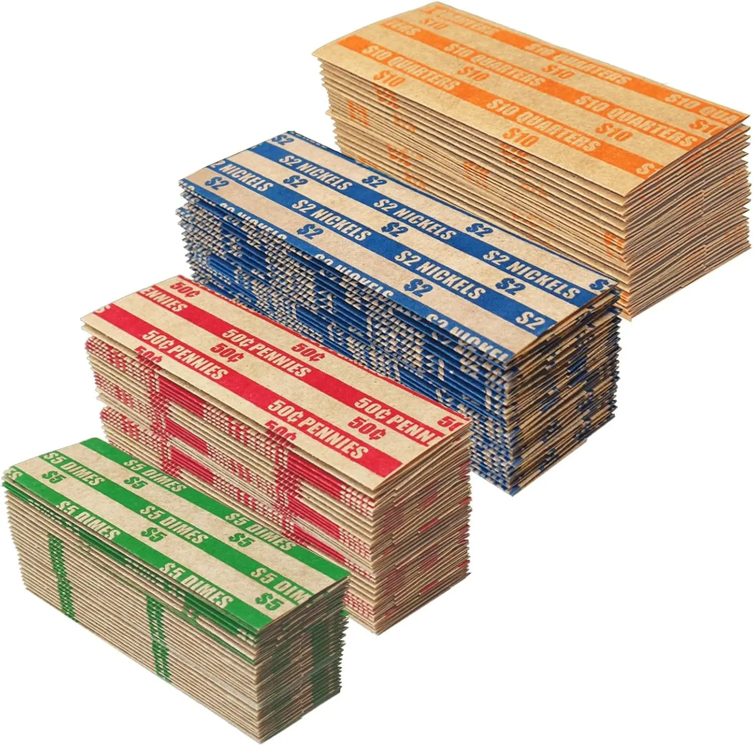 600 Pcs Coin Wrappers, 150 Each for Quarter, Pennie, Dime, Nickel | Wrappers for Coin Assorted Striped, Standard Size for Banks, Stores & Offices