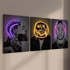 Neon Character Pattern Abstract Face Design Canvas Painting with Frame, 3 Counts/set Modern Art Decor, Unique Artwork, Wall Art for Home Living Room Bedroom Office