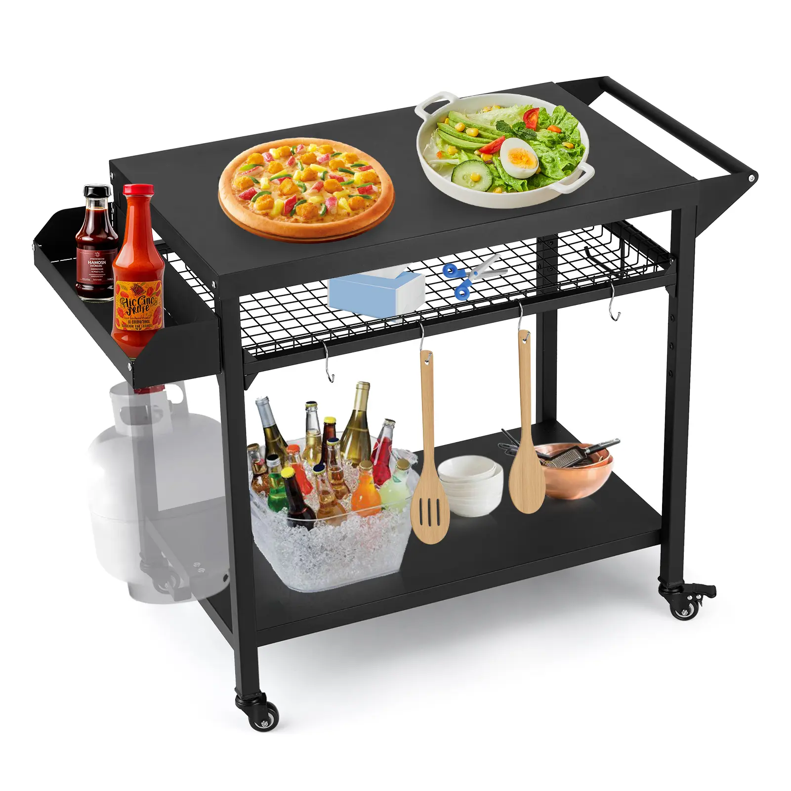 Heavy Duty Outdoor Grill Cart with Wheels, Steel BBQ Prep Table and Pizza Oven Stand, Portable Griddle Station with Mesh Storage Racks Utensil Hooks for Patio Camping Backyard Bar