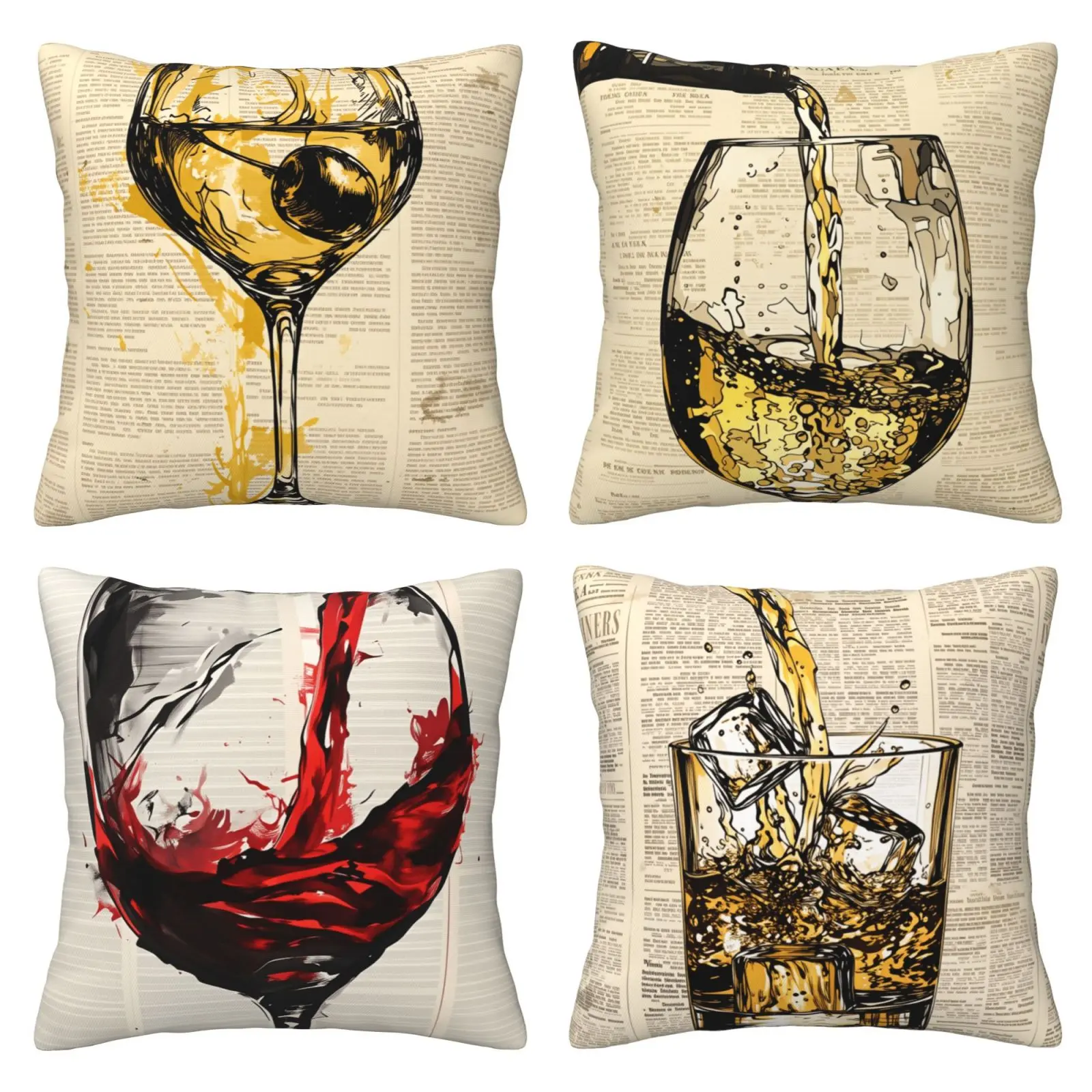 Wine Culture Theme Pillow Set with Texture Design of Wine and Whiskey Patterns, Suitable for Party Decoration and Home Decoration 4-piece Set with Double sided Printing