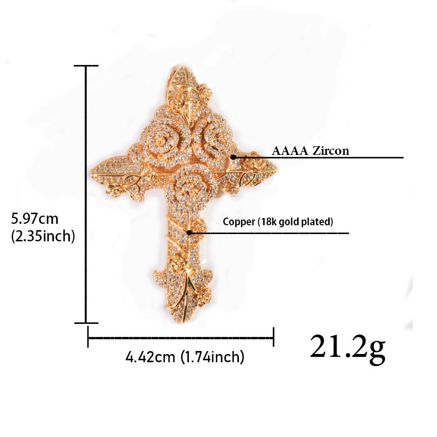 QUEENDO Iced-Out Rose Cross Pendant Necklace - Fully-Paved Sparkling Stone Floral Charm, Retro Gothic 3D Design, 2-Tone Gold & Rose Gold Finish, Streetwear Statement Accessory, Adjustable Link Bracelet, Party Daily Jewelry Gift