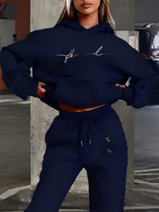 Women's Hooded Sweatshirt Set, Fall & Winter Warm Clothing, Handwritten Style Letter Print, Casual Loose Fit