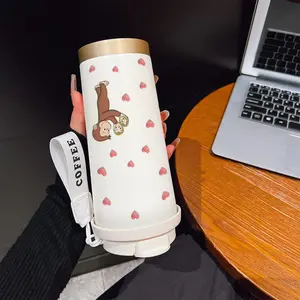 Coffee Cup 530ML Insulated Travel Mug, Curious George Heart Pattern, Dual-Layer Double Wall Insulated Leakproof Handle, Art Lover Gift for Office Sports Valentine's Day