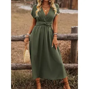 Women's Spring/Summer Bohemian Vacation Style Casual Shirred Waistline Drawstring Twist Knot Back Dolman Sleeve Flare Hem Midi Dress(Sheets)