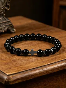 Natural Stone Beaded Bracelet, Cross Design Elastic Wristband, Casual Plain Pattern, All Seasons Jewelry