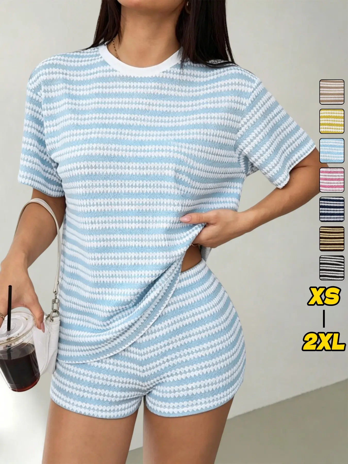 Women's Striped Short Sleeve Pajama Set, Knitted Loose Fit Colorblock Sleepwear, Pajama Nightwear, Casual Home, Y2K Style, All Seasons, pyjamas for women, loungewear, Top, Bottom, Lady, Homewear, Womenswear, Pjs, Pajamas Sets
