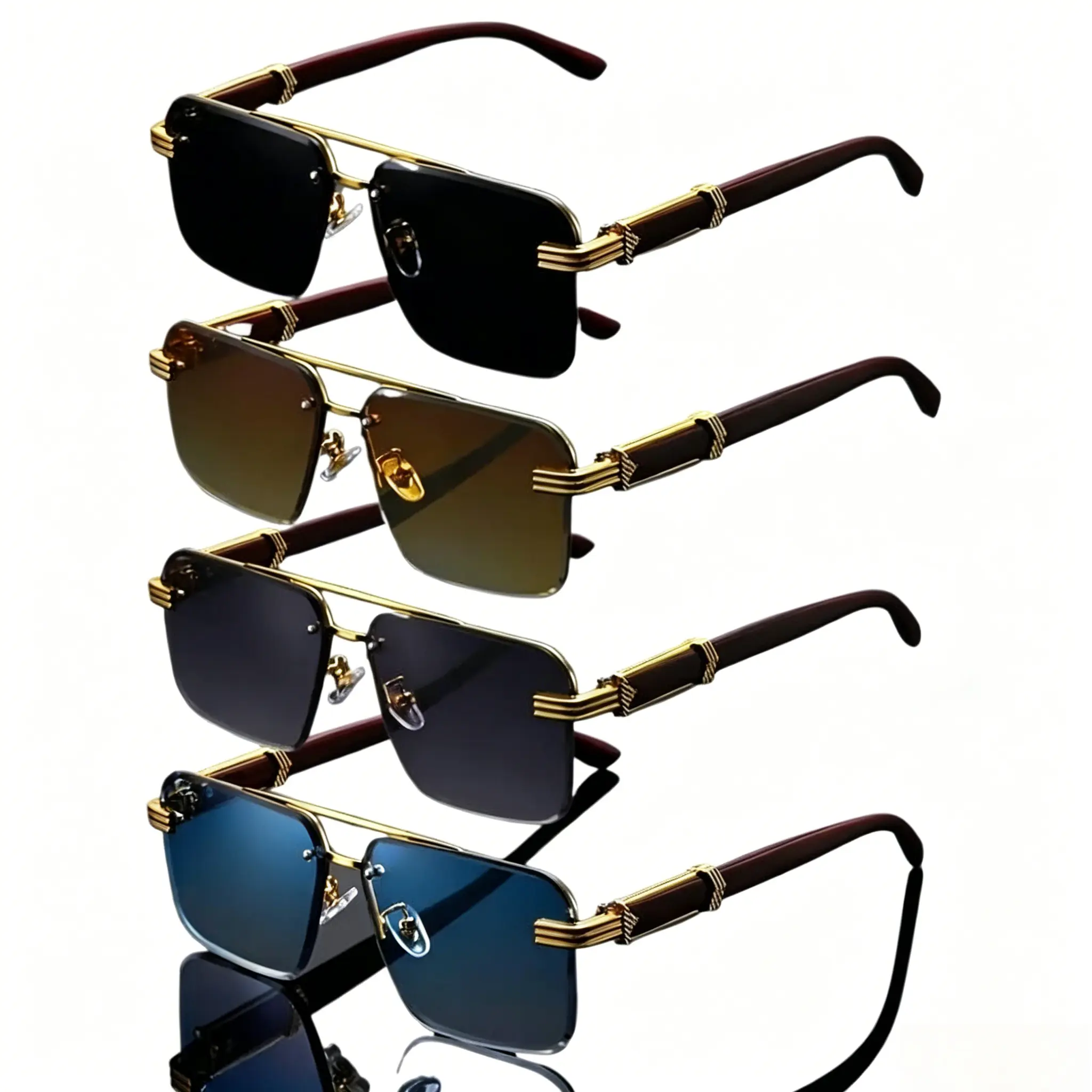 Men's 4PCS Gold Accent Sunglasses Set - Retro Square Metal Frame, Multi-Color Tint Lenses, UV400, Unisex Lightweight Luxury Shades for Driving, Beach & Everyday Chic Looks, Men's Sunglasses