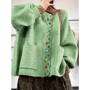 Women's Plus Size Knit Cardigan Sweater Coat, Colorful Button Fashion Casual Round Neck Loose Fit Top for Fall & Winter Seasons