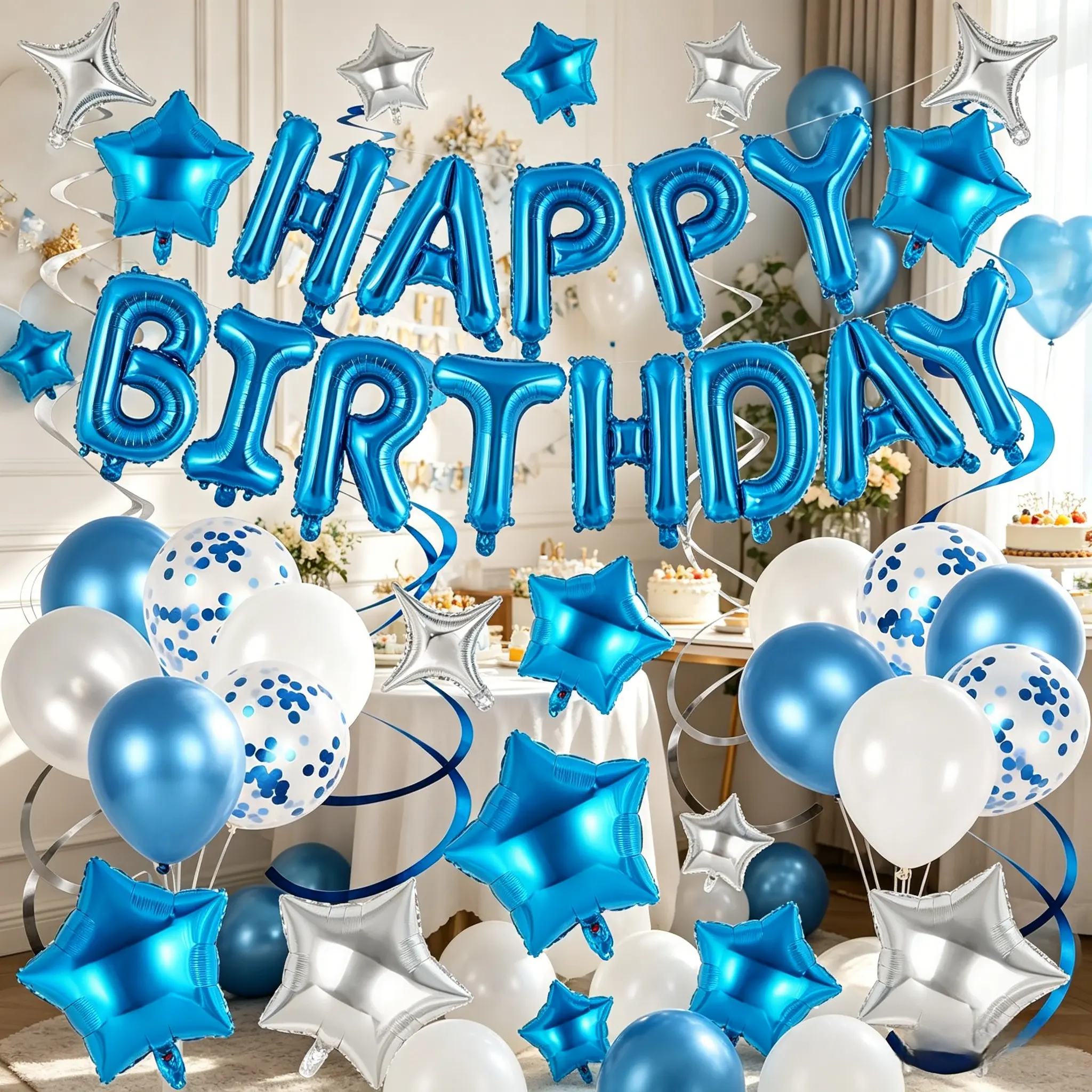 Blue & Silver "HAPPY BIRTHDAY" Balloon Set – Foil & Latex Balloons, Stars, Spirals, and More for a Stunning Party