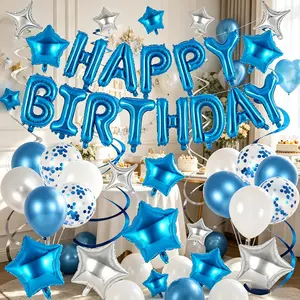 Blue & Silver "HAPPY BIRTHDAY" Balloon Set – Foil & Latex Balloons, Stars, Spirals, and More for a Stunning Party