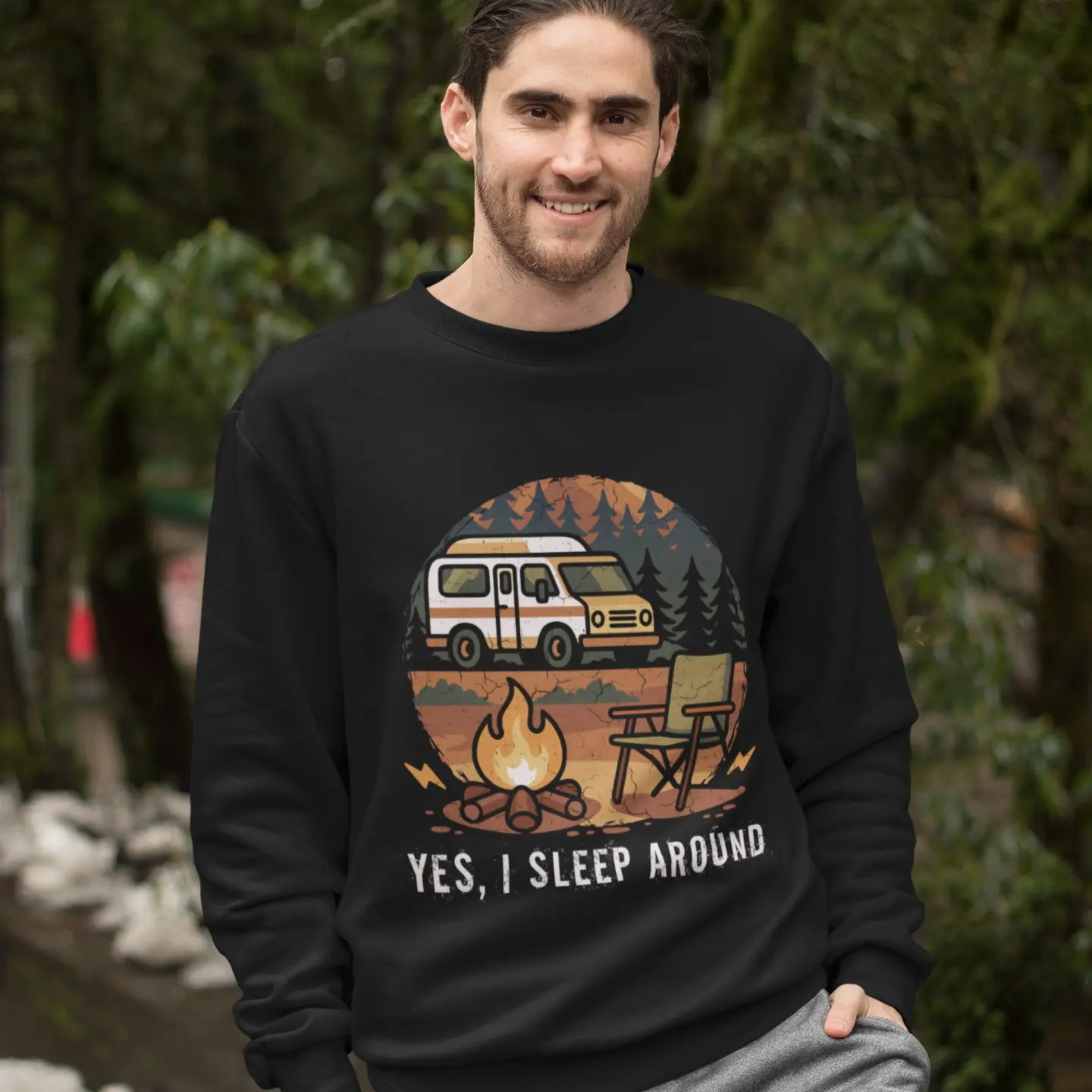 Men's Crewneck Sweatshirt, Unisex Soft Cotton-Poly Pullover with a Funny Retro Camping Graphic for RV and Outdoor Lovers