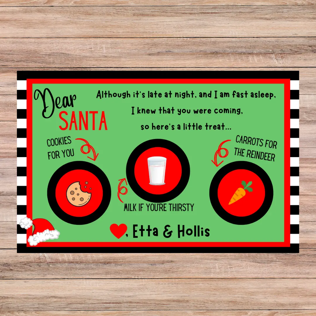 Personalized Children's Laminated Reusable Placemat - Santa's Cookies, Milk & Carrots for the Reindeer