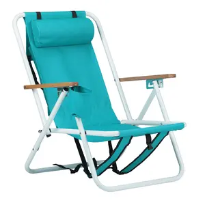 Karlhome  Folding Beach Chair, 4 Position Portable Backpack Foldable Camping Chair with Headrest Cup Holder and Wooden Armrests, Green