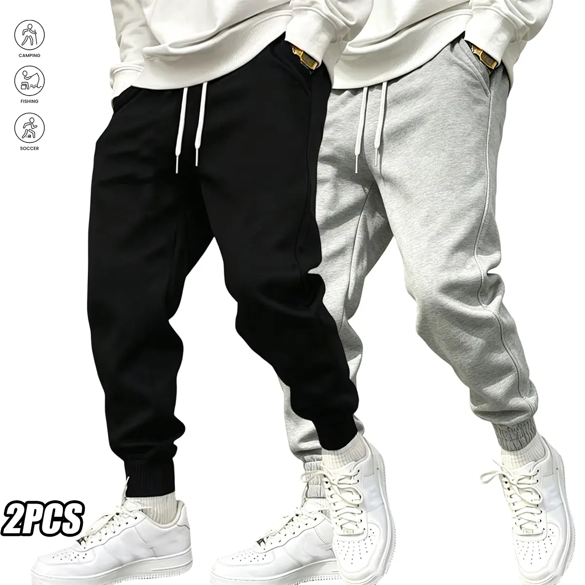 Set of 2 men’s casual jogging pants; all-season sports pants for autumn/winter; outdoor drawstring pants suitable for outdoor activities; loose straight tapered fit that showcases a street-style vibe.Casual streetwear pairing with a simple sweatshirt and