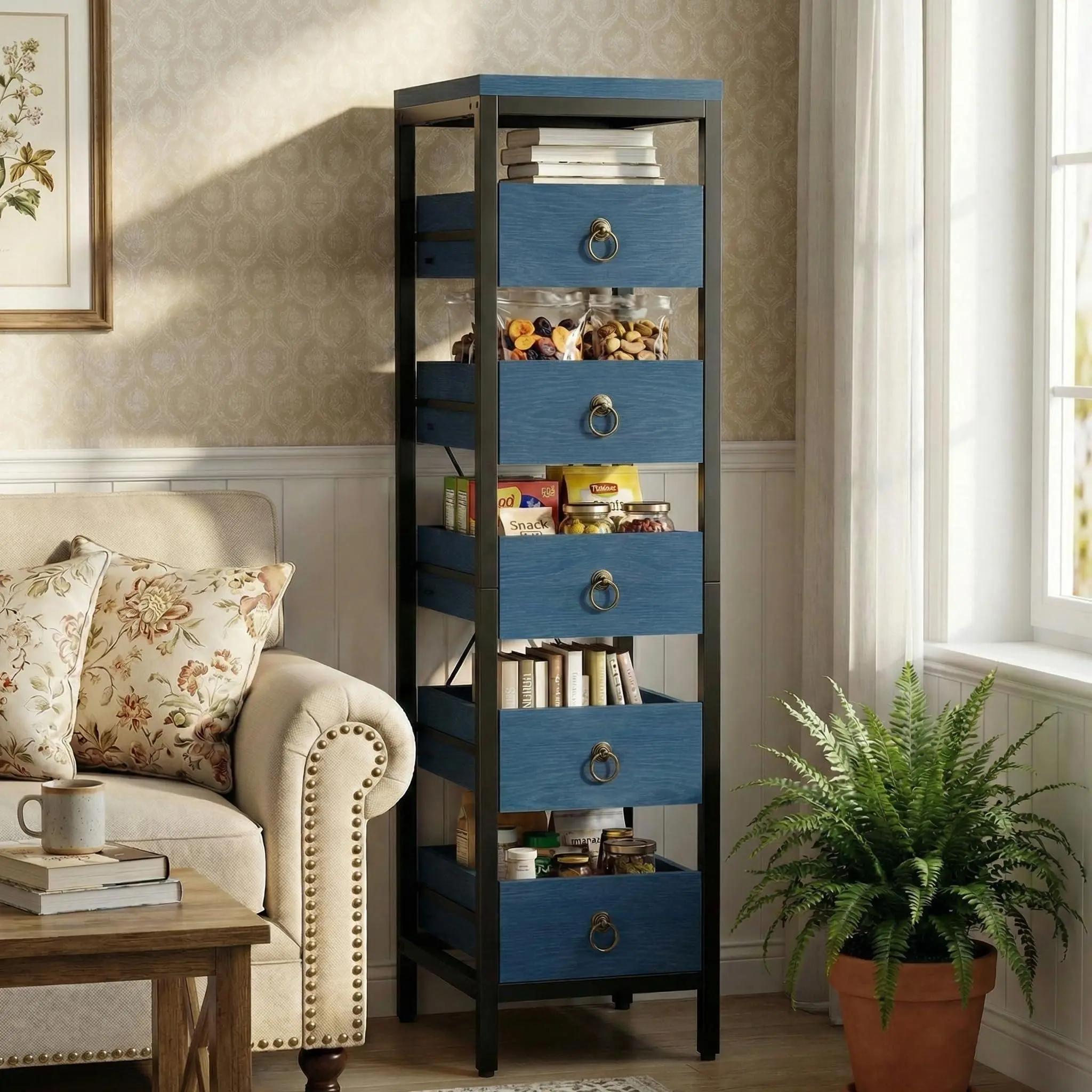 Fruit and Vegetable Storage Rack - 5-Drawers Narrow Storage Cabinet, Decorative Storage Chest with Metal Frame and Solid Wood Drawers, Multifunctional Chest of Drawers for Kitchen, Living Room, Blue