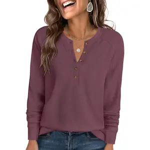 Women's Long Sleeve Waffle Knit Shirts Dressy Casual Loose Button Up V Neck Henley Tops 2026 Fall Basic Tee BlouseGift