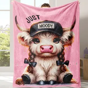 Cartoon Cow Flannel Kid Blanket, Soft Warm Throw for School Dorm Office Nap, All Seasons Bedding Sofa Outdoor Camping Gift
