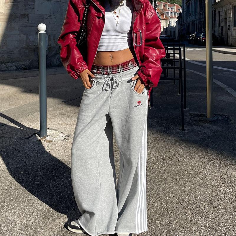 New fashion trends Double Waist Plaid Patchwork SweatPants Baggy Wide Leg Sweatpants for Women Loose Long Pants with Pockets