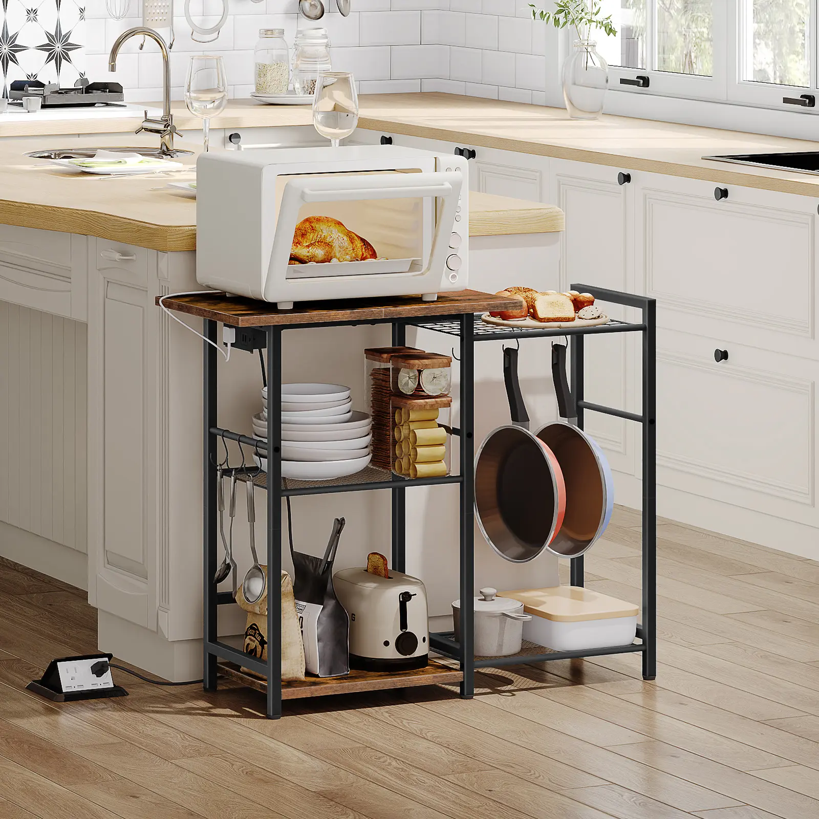 HOOBRO Microwave Stand with Charging Station, Space-Saving Coffee Bar Industrial Bread Organizer,  Bakers Rack with Pots Rack for Dining Room, Kitchen, Black and Rustic Brown
