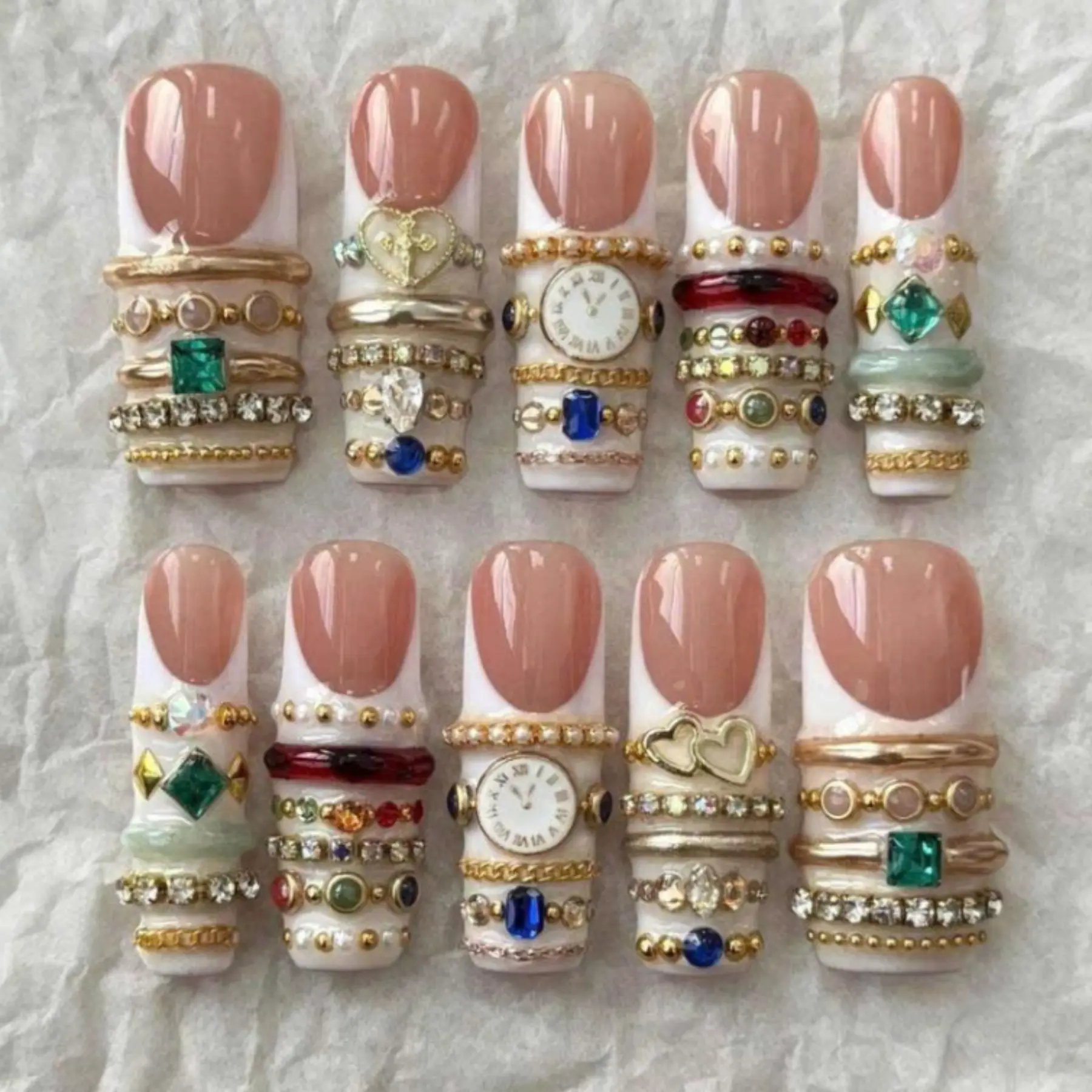 Handmade Luxury Jewelry Press On Nails, Stacked Gold Ring French Tips, Emerald Sapphire Crystal Charm Design, Elegant Rich Girl Bridal Glam Press On Nails
