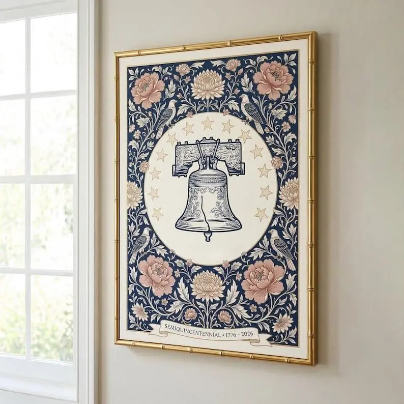 USA 250th Anniversary Print, Liberty Bell Floral Art, 4th of July Poster, 250 Years of America Patriotic Wall Art, Vintage Americana Decor
