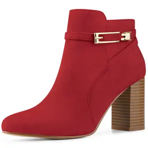 BLISSFUL STEP Women's Round Toe Buckle Chunky Heel Ankle Boots