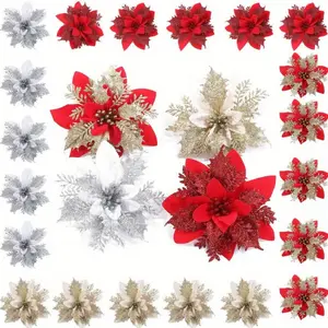 20 pieces of artificial Christmas tree red flowers-plastic flashing poinsettia with clips and stems, multifunctional Christmas tree decorations, suitable for festivals, weddings and garlands, very suitable for holiday DIY crafts 10 pieces of flowers+10 pi
