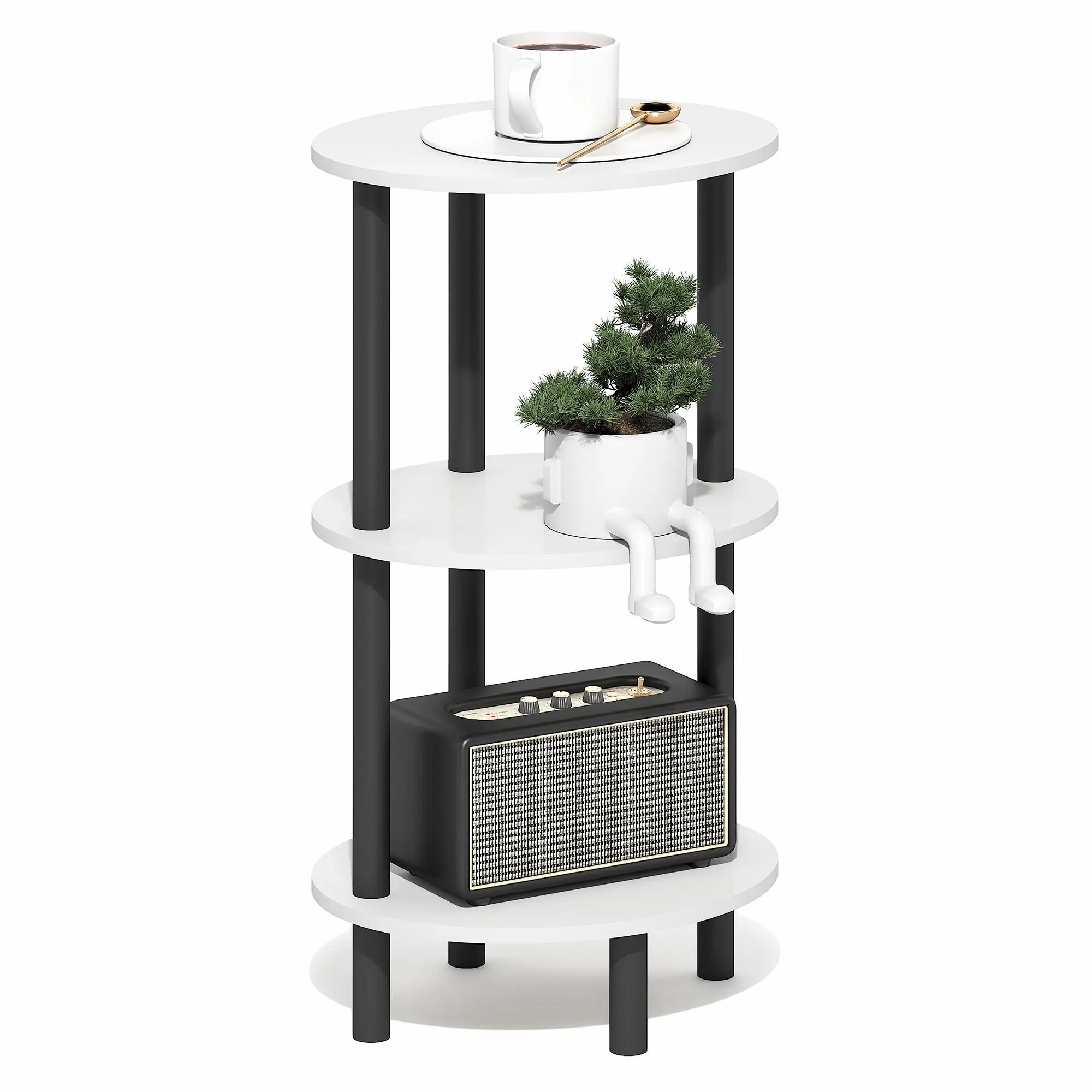 TURN-N-TUBE 3-Tier Plastic & Composite Wood Modern Oval Corner Side Table - 15.4(d)x13(w)x27.5(h)in, White/Black, 10-15 lbs Elevated Low Table, Ideal for Bedrooms, Small Spaces, Side Tables